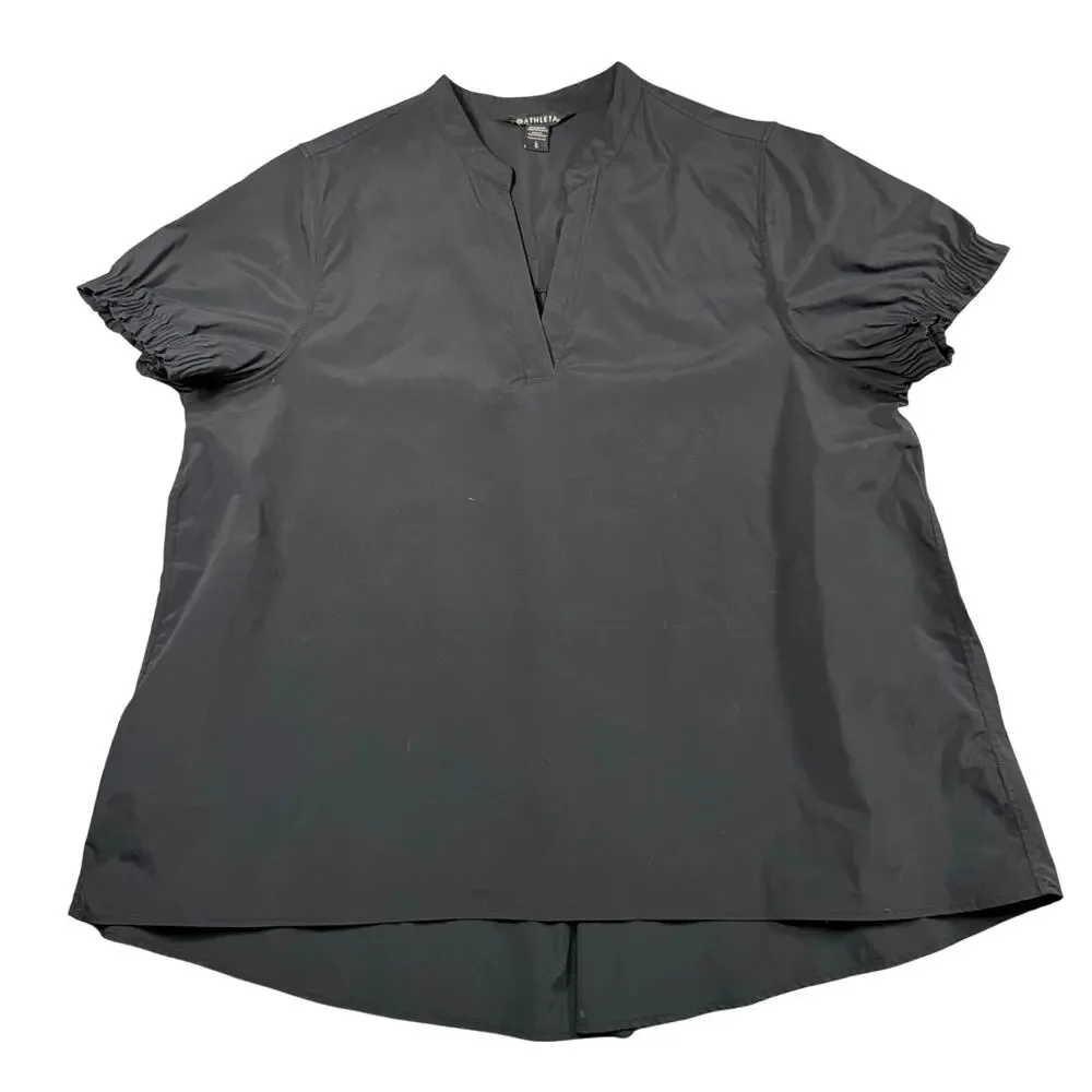 Athleta Levitate Poplin Top Black V-Neck Puff Sleeve Blouse Women's - Large